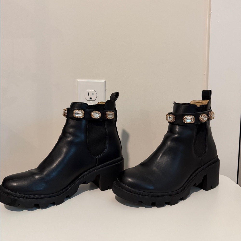 Steve Madden Black Chelsea Booties with Gem-Embellished Strap
